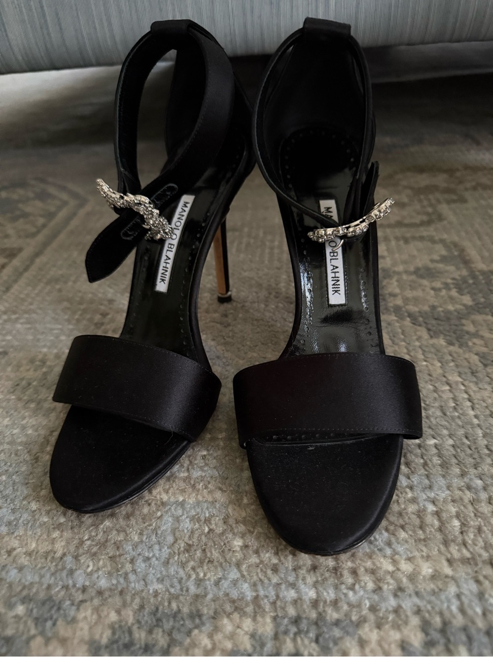 Manolo Blahnik Hangisi Black Satin Crystal-Ankle Strap Sandals